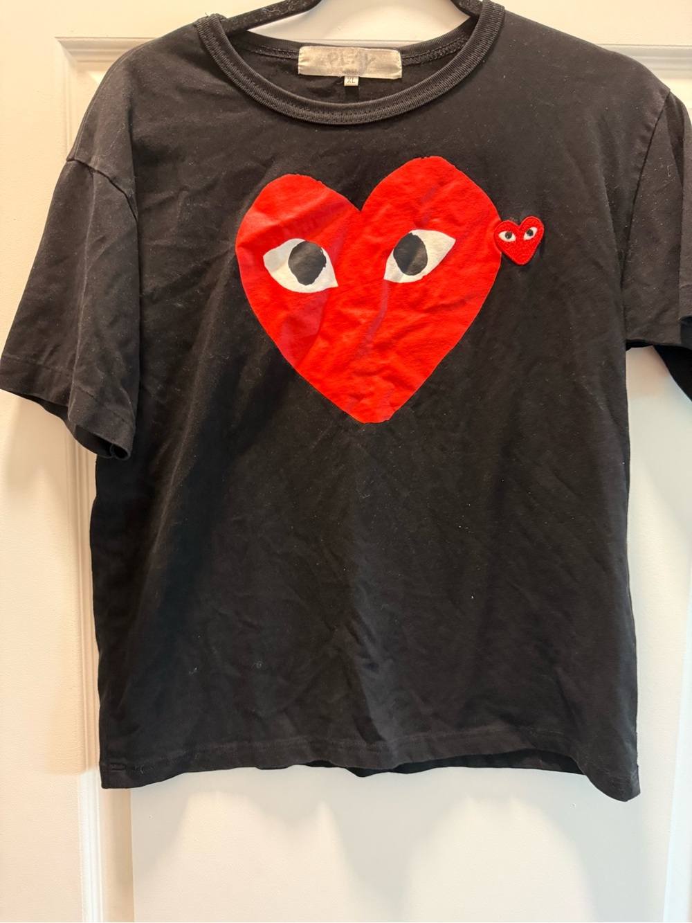 Comme des Garçons Play Kids Black Tee with Red Heart Graphic